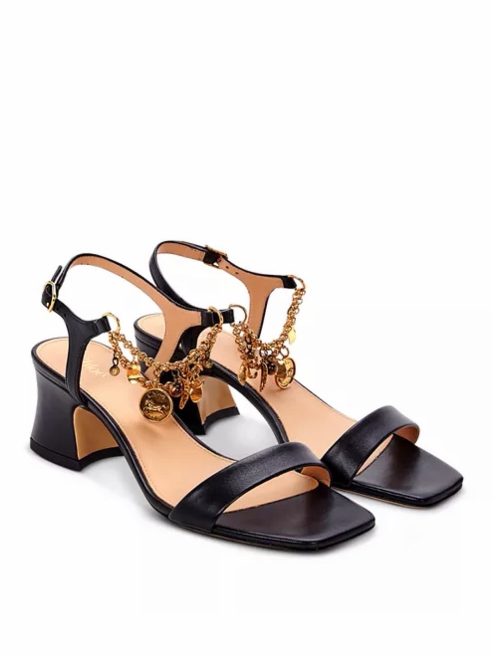 Chloe Black Leather Mid-Heel Sandals with Gold Chain Charms